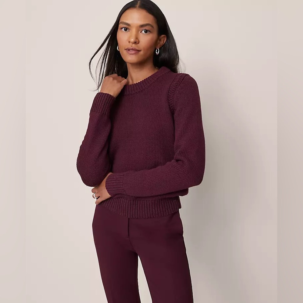 NWT ANN TAYLOR Shoulder Detail Crew Neck Sweater ~ Poised Plum Small